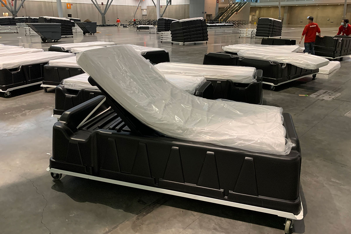 Trienda hospital beds wrapped in plastic